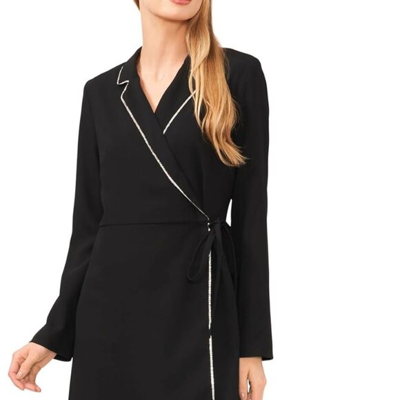 CeCe Women's Rhinestone Trim Long Sleeve Collared Wrap Dress - Picture 3 of 9